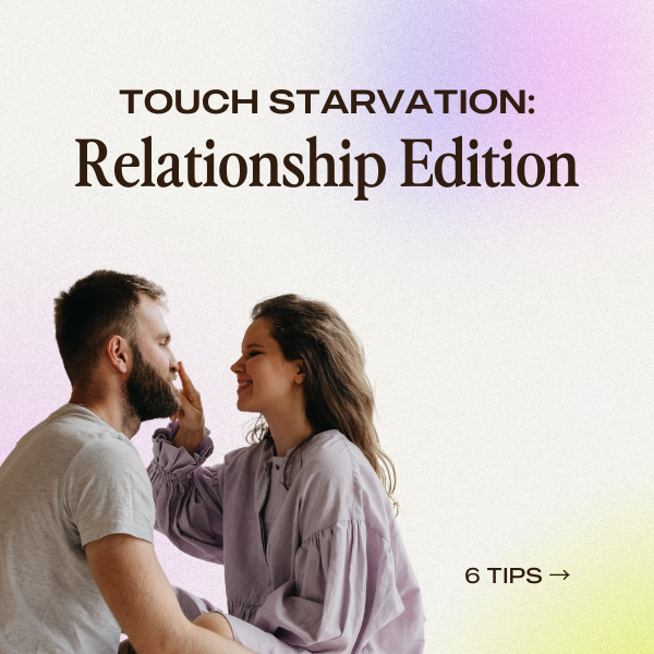 Image with gradient background, Touch Starvation title and couple playfully touching.