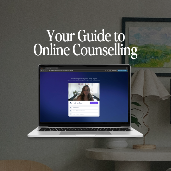 Text: Your Guide to Online Counselling. Subject: Laptop featuring online therapy session. Background therapy office.